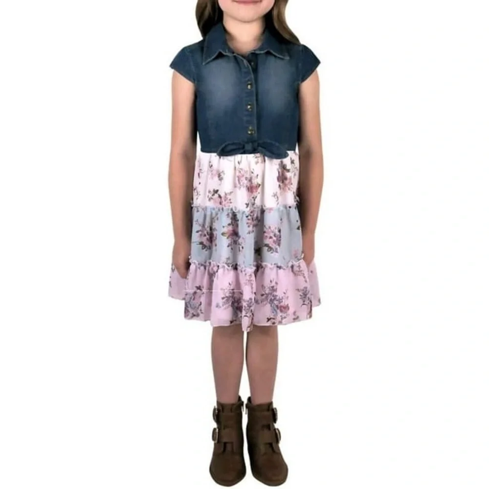 Zunie Girl's Denim Chiffon Tiered Floral Print Dress
